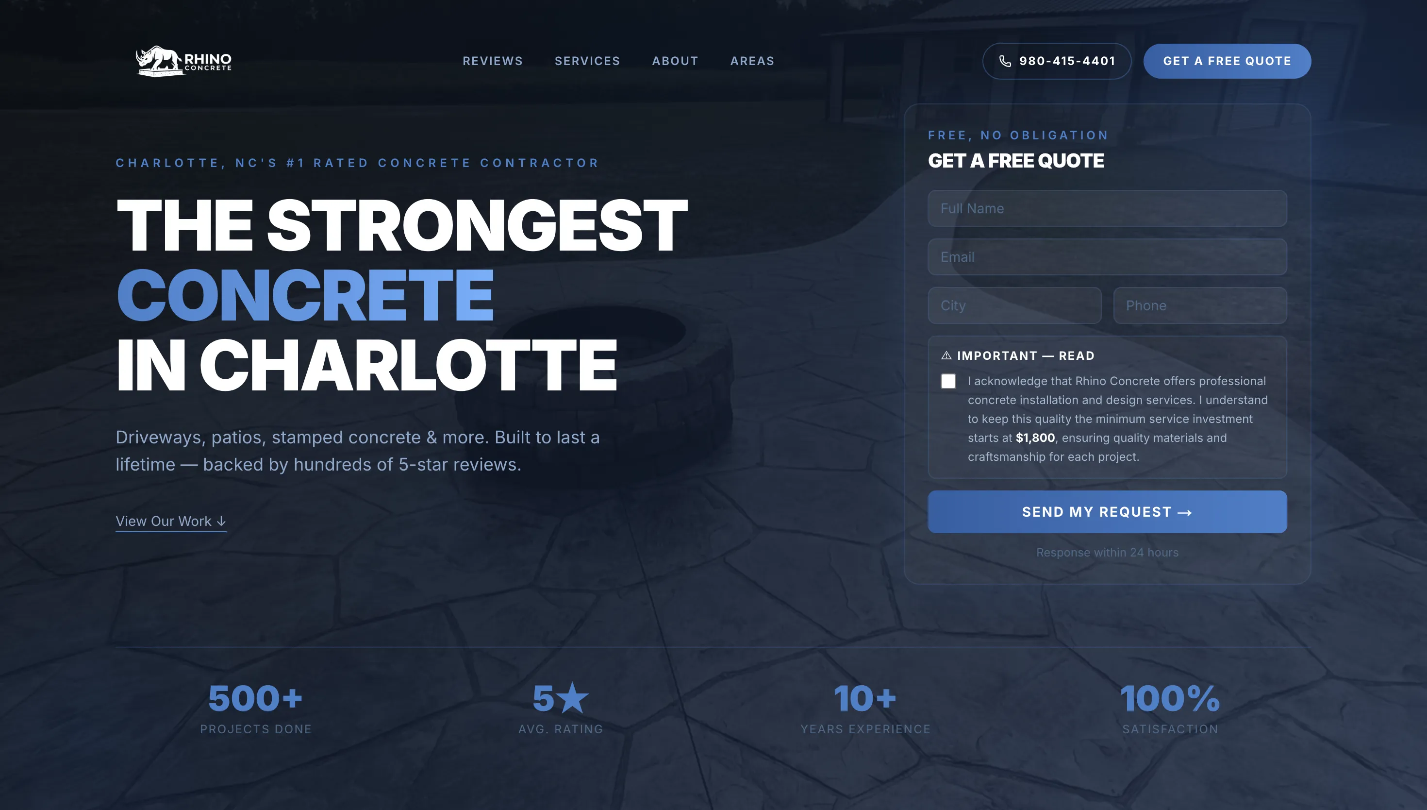 The Rhino Concrete NC homepage, showing the headline “Charlotte’s #1 Rated Concrete Contractor” above a quote form.